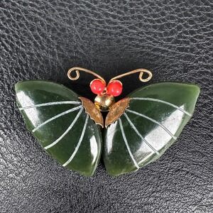 Vintage Nephrite Jade Moth Brooch w/ Red Eyes Gold Wire Antennae Butterfly